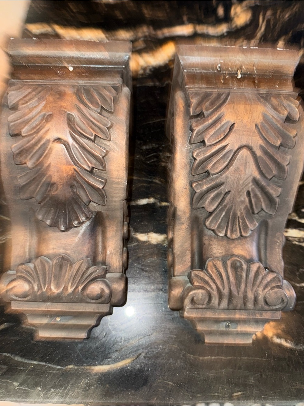 Ornate Pair of stained Wood Carved  Acanthus Leaf Corbels i